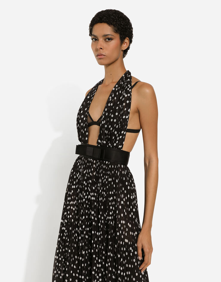 Dolce & Gabbana Tief ausgeschnittenes Longuette-Kleid aus Chiffon Punkteprint Drucken F6JFKTFSMQ7