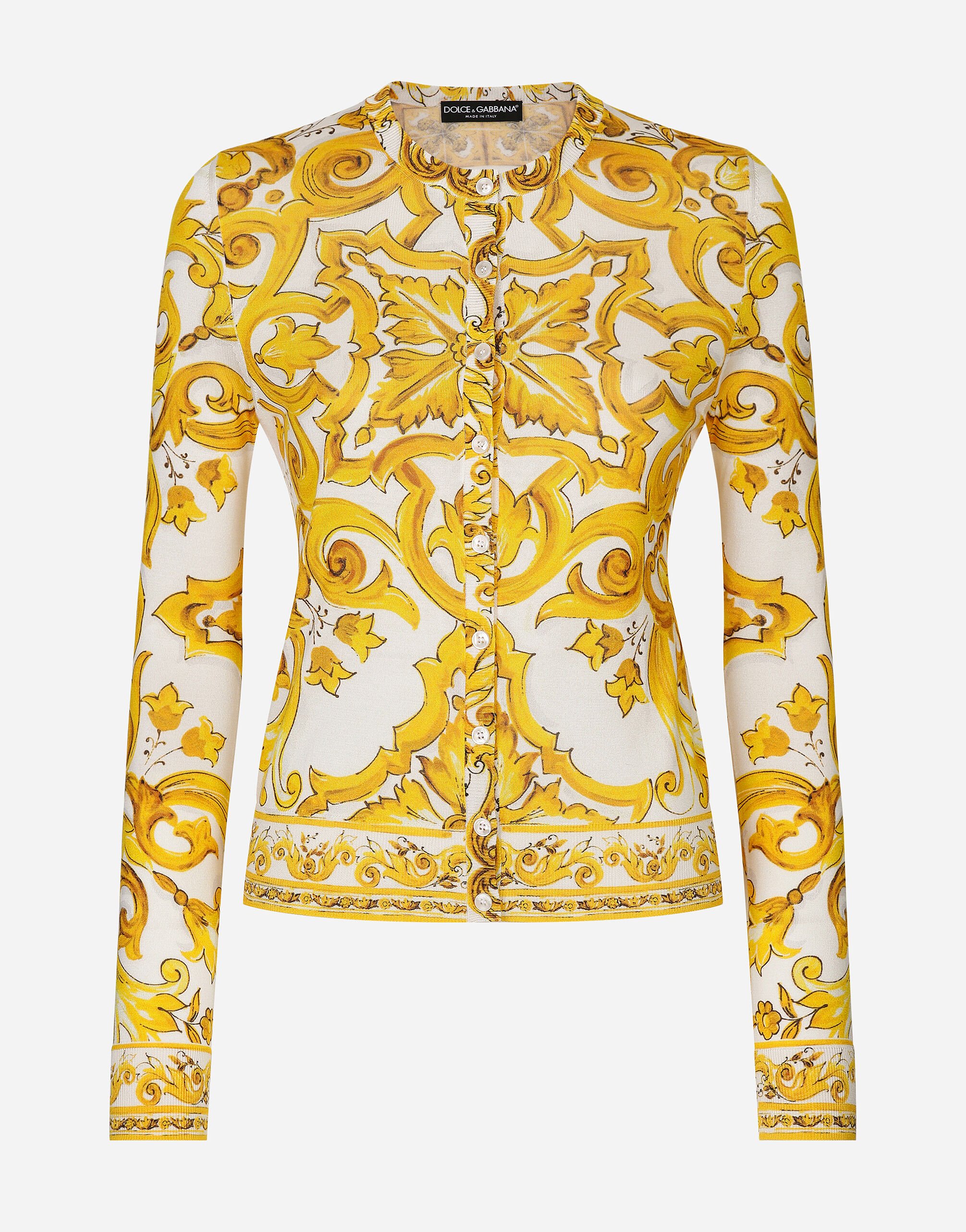 ${brand} Long-sleeved silk cardigan with majolica print ${colorDescription} ${masterID}