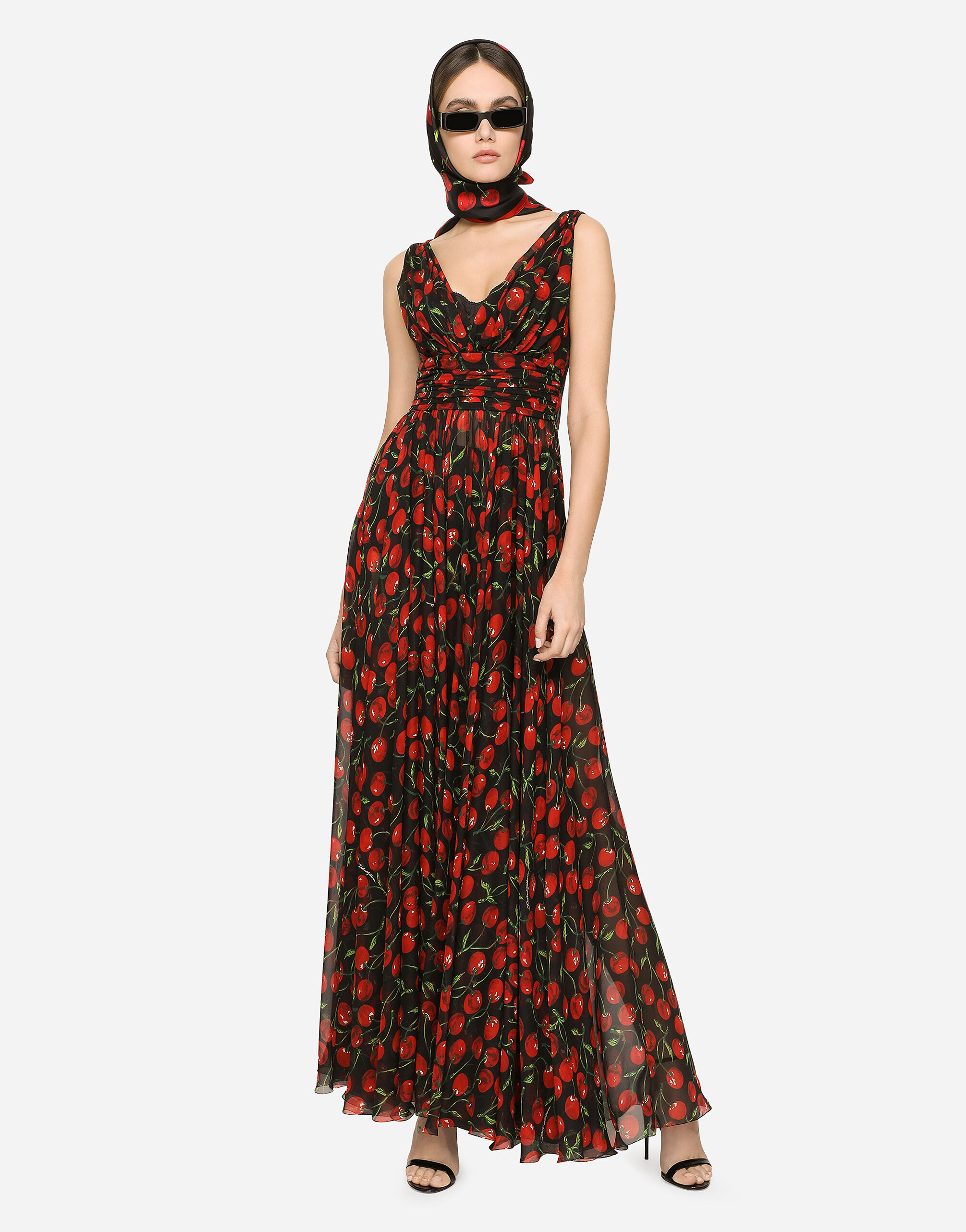 Long cherry-print chiffon dress