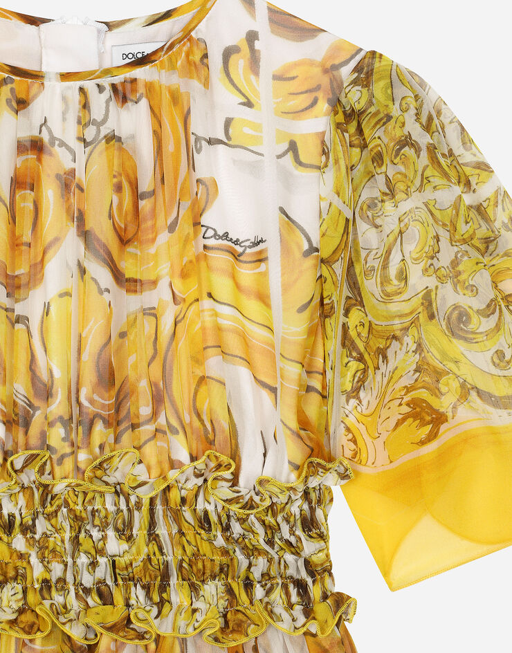 Dolce & Gabbana فستان شيفون بطبعة ماجوليكا صفراء مطبعة L53DW5HI1UF