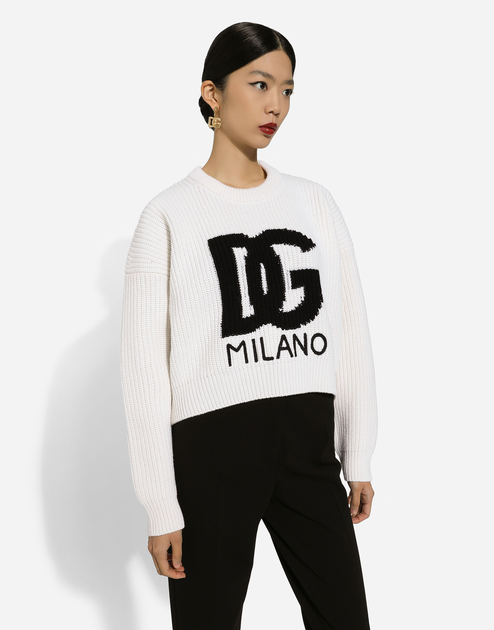 Ribbed wool sweater with DG logo in White for | Dolce&Gabbana® US