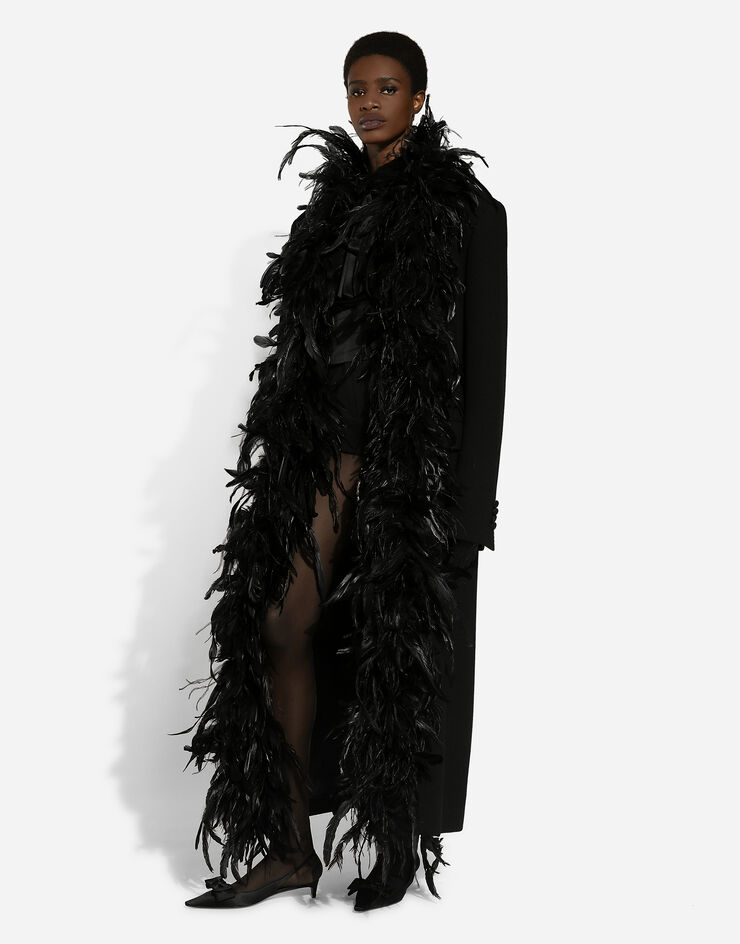 Dolce & Gabbana Double-breasted wool crepe coat with belt and rooster feather embellishment Black F0G1DTFUBCI