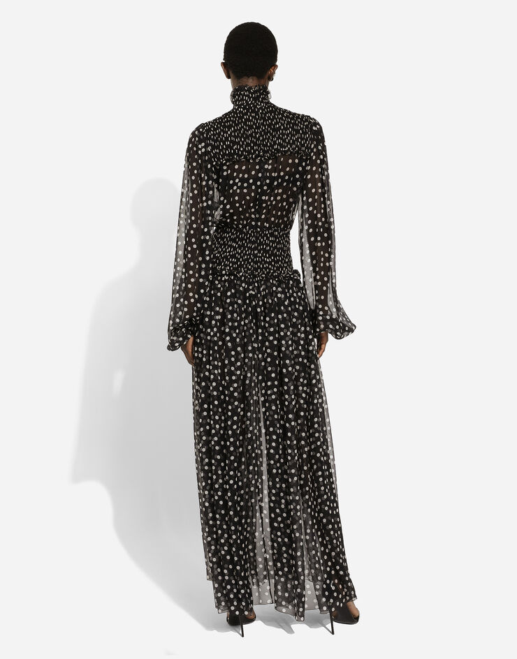 Dolce & Gabbana Gesmoktes Longuette-Kleid aus Chiffon mit feinem Punkteprint Drucken F6GADTHS1KD