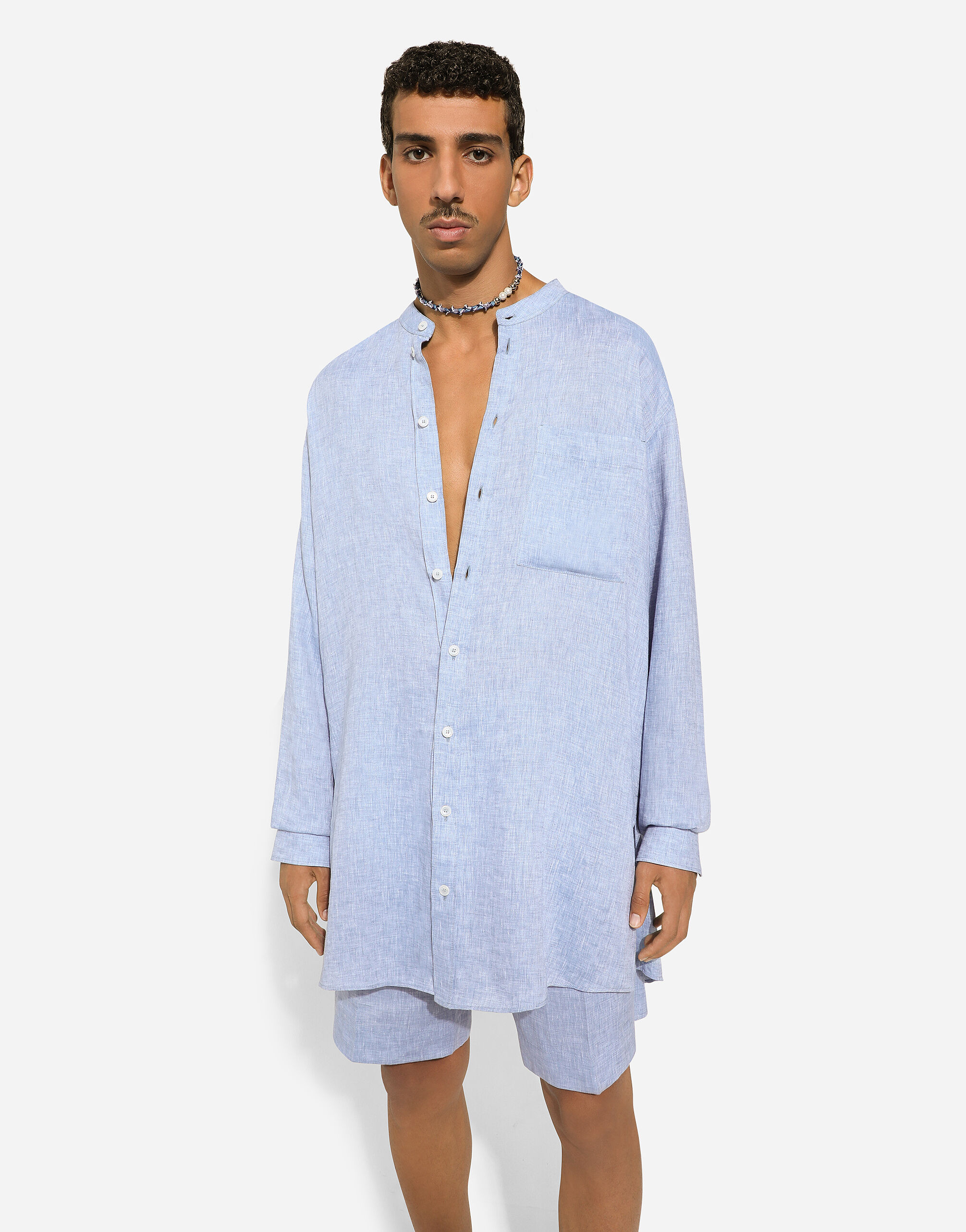 Oversize linen shirt with Mandarin collar in Azure for 