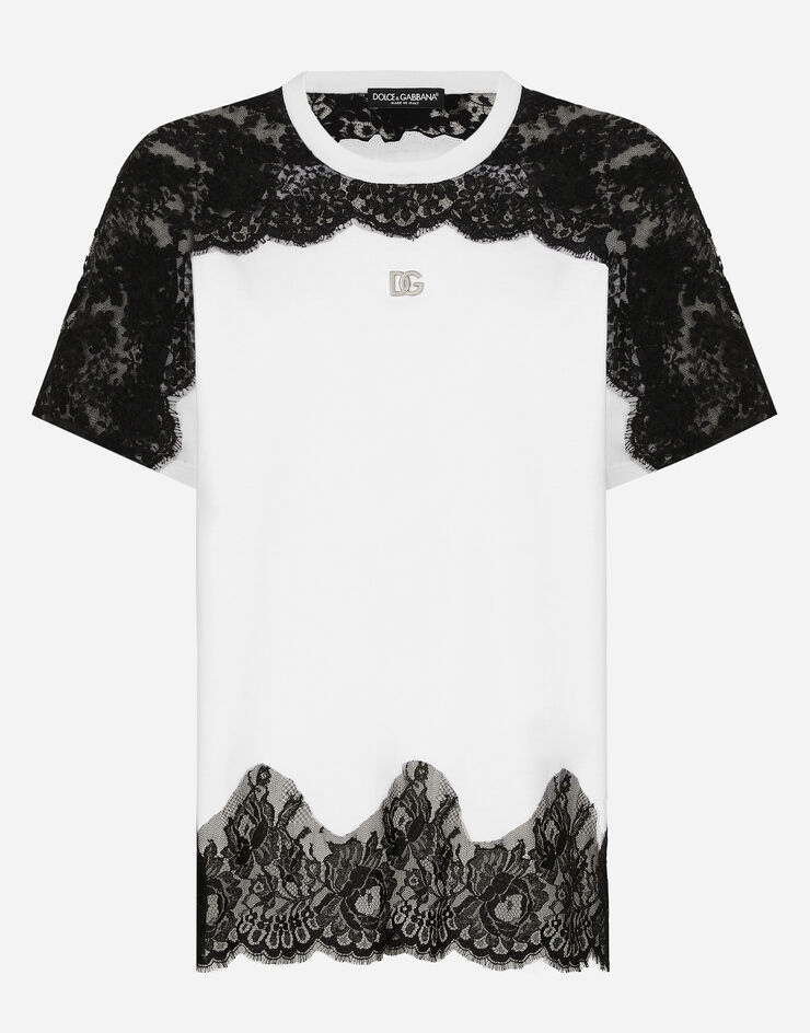 Dolce & Gabbana DGロゴ&レース インサート ジャージー Tシャツ ホワイト F8V16ZFU7EQ