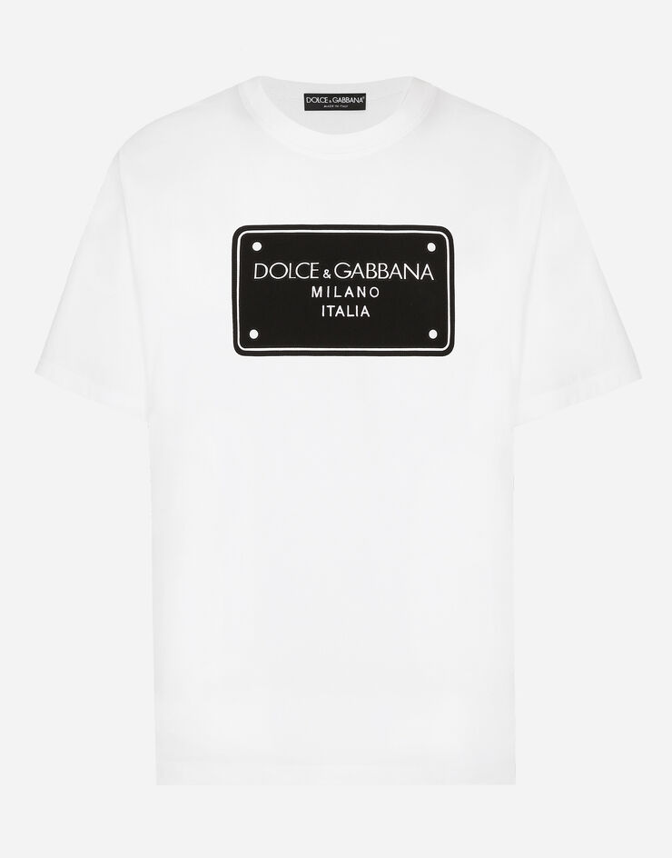 Dolce & Gabbana T-shirt in cotone con ricamo placca logata Bianco G8PN9ZG7NRN