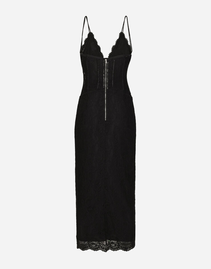 Dolce & Gabbana Vestido longuette tipo combinación de encaje: Negro F6JFFTMLRAB