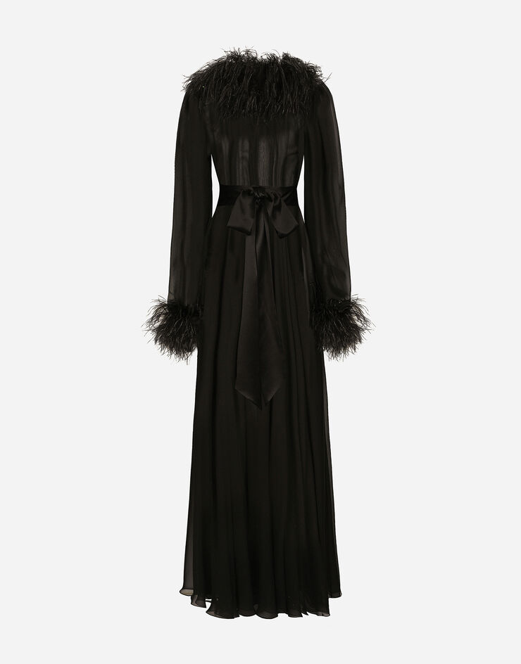 Dolce & Gabbana Robe longue en mousseline de soie avec détails en plumes d’autruche Noir F6JRCTFU1AT