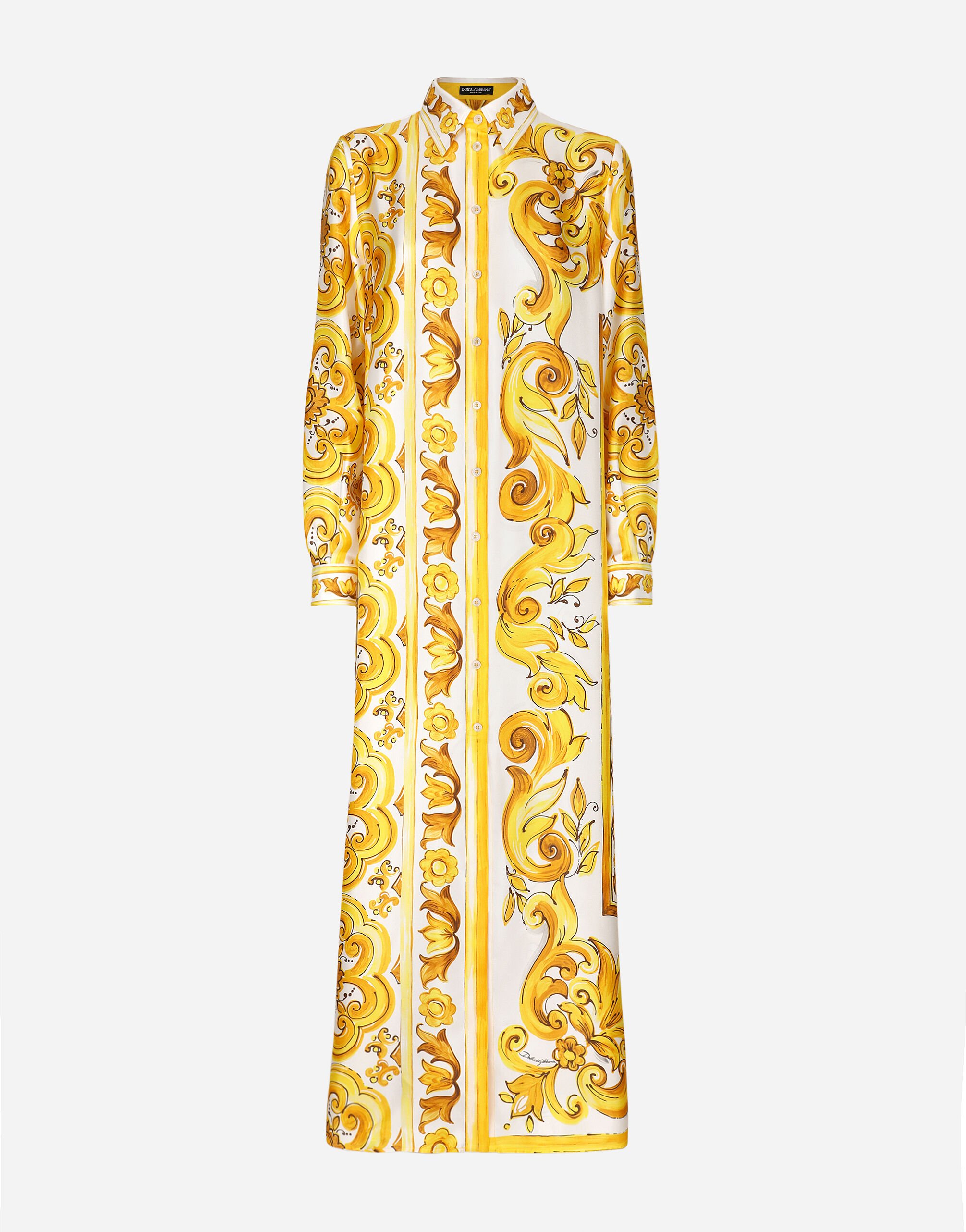 Dolce & Gabbana Silk twill caftan shirt with majolica print Yellow F6AMRTHJMOK