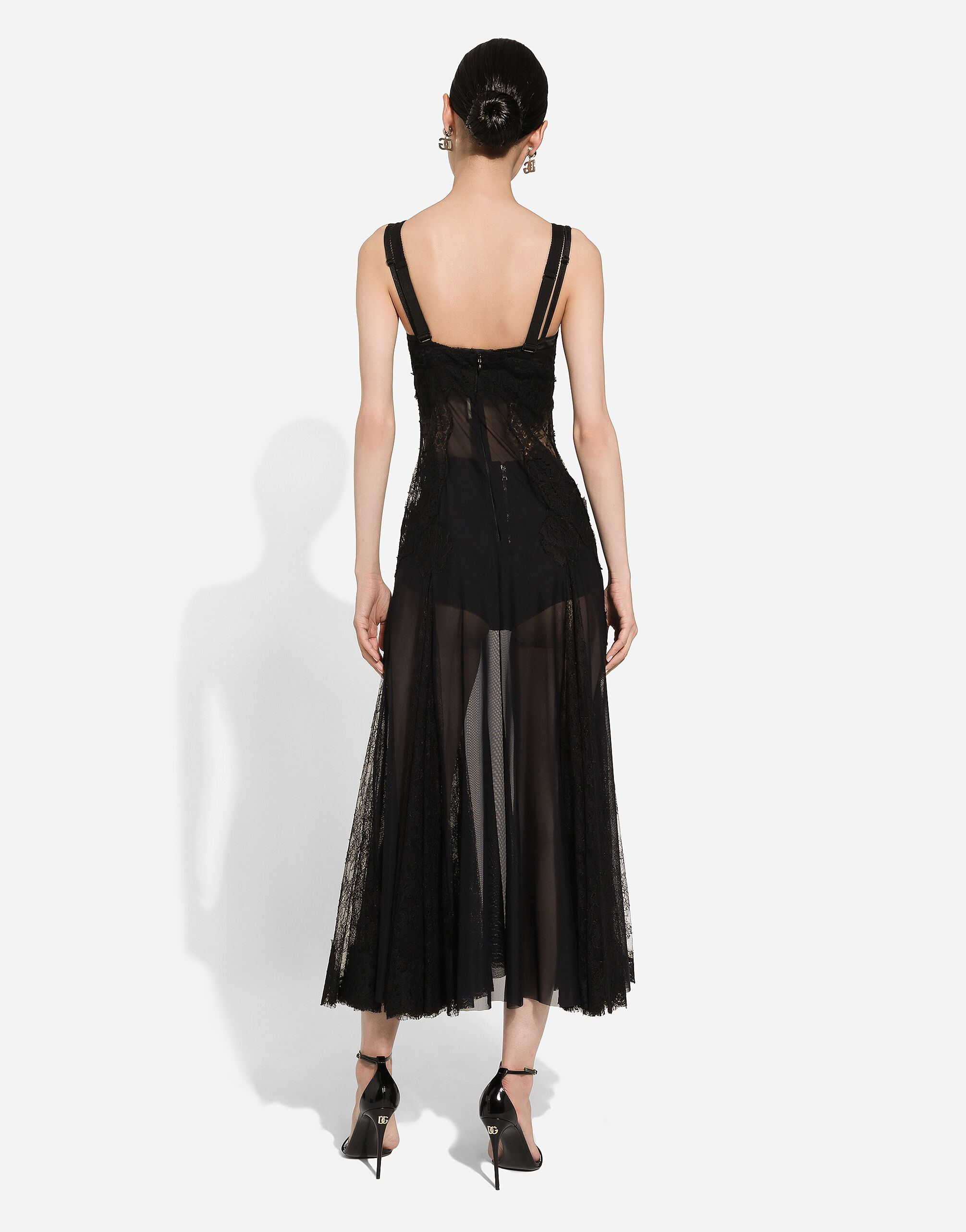 Tulle midi slip dress with lace inserts in Black for 