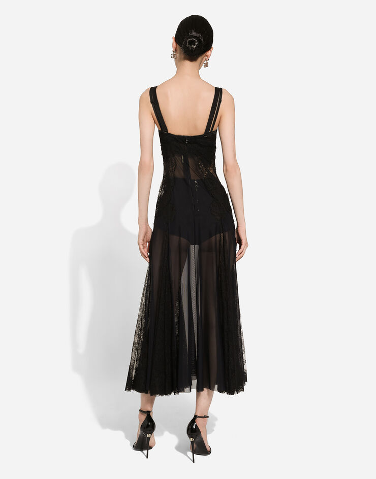 Dolce & Gabbana Платье-комбинация миди из тюля с кружевными вставками черный F6HASTFLRC2