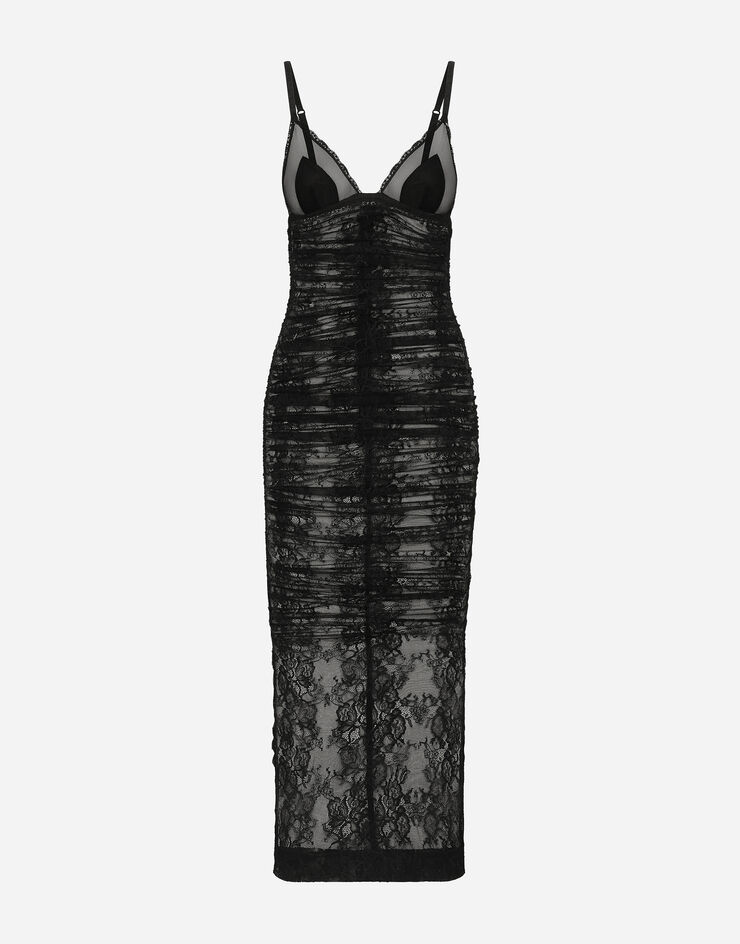 Dolce & Gabbana Vestido longuette tipo combinación de encaje Chantilly elástico Negro F6JRUTFLREW