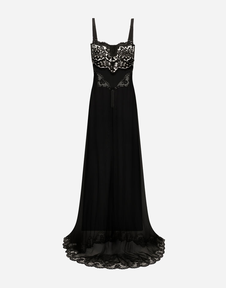 Dolce&Gabbana Long silk chiffon dress with lace body 블랙 F6DKITFU1AT