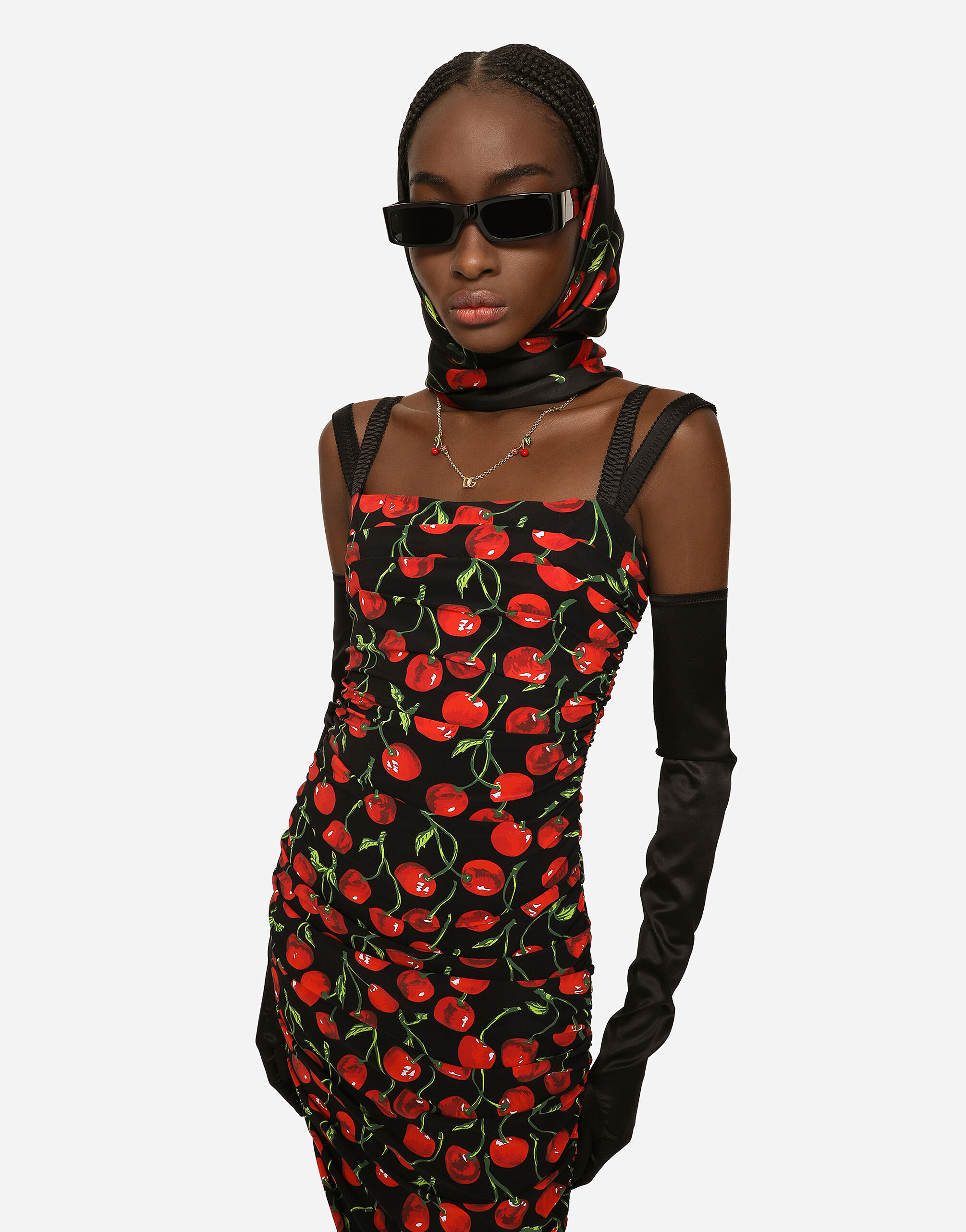 Dolce&Gabbana Cherry-print jersey calf-length dress with draping female  Multicolor