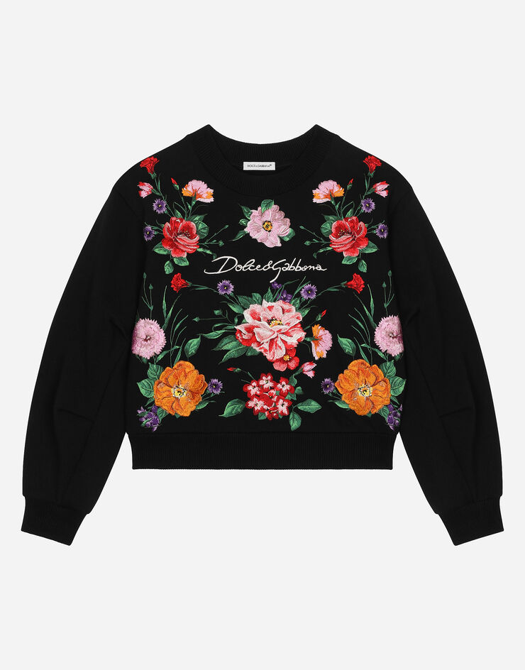 Dolce & Gabbana Rundhals-Sweatshirt aus Jersey mit Blumen und Dolce&Gabbana-Logo Schwarz L5JWAWG7N2S