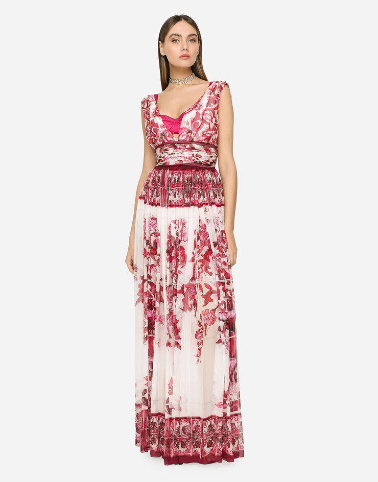 Dolce&Gabbana Vestido largo de chifón con estampado Maiolica Multicolor F6DAZTHI1NV