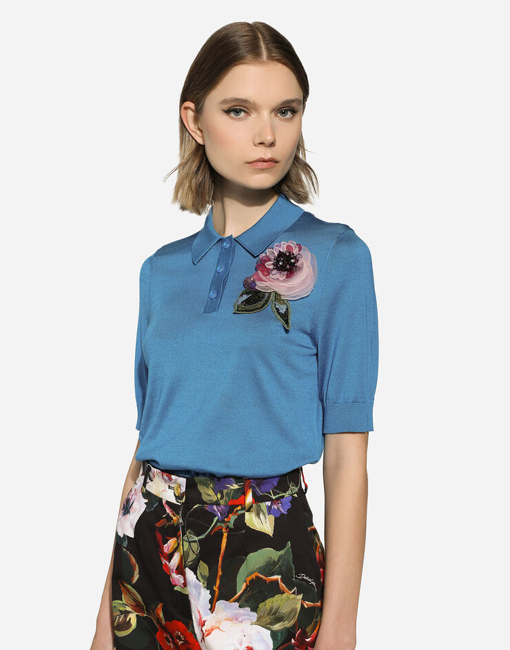 | in Blumenapplikation Damen Seide Dolce&Gabbana® mit aus für Grün Poloshirt