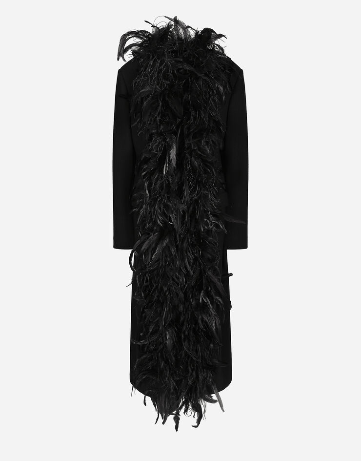 Dolce & Gabbana Double-breasted wool crepe coat with belt and rooster feather embellishment Black F0G1DTFUBCI