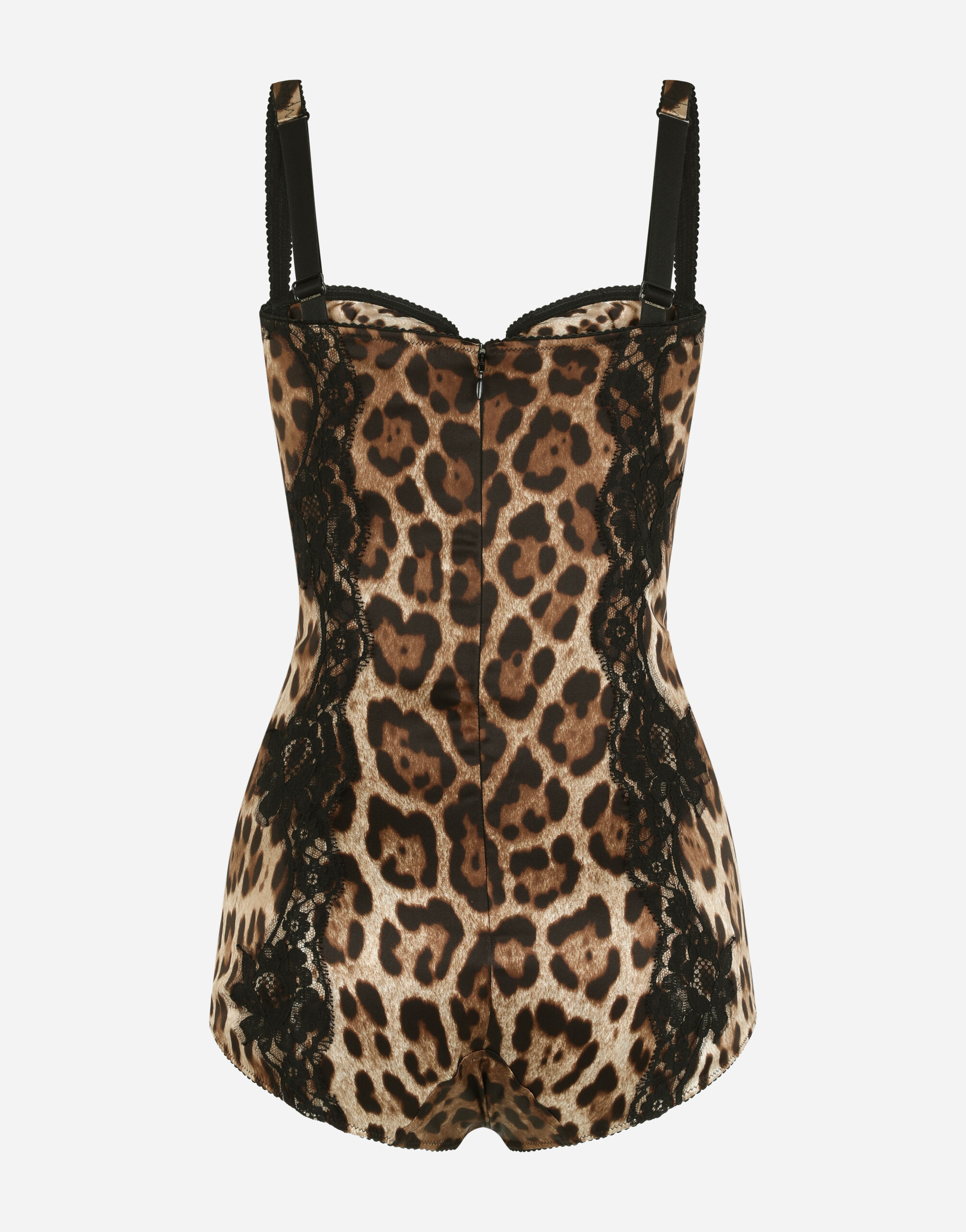 Silk balconette lingerie bodysuit with leopard print lace details