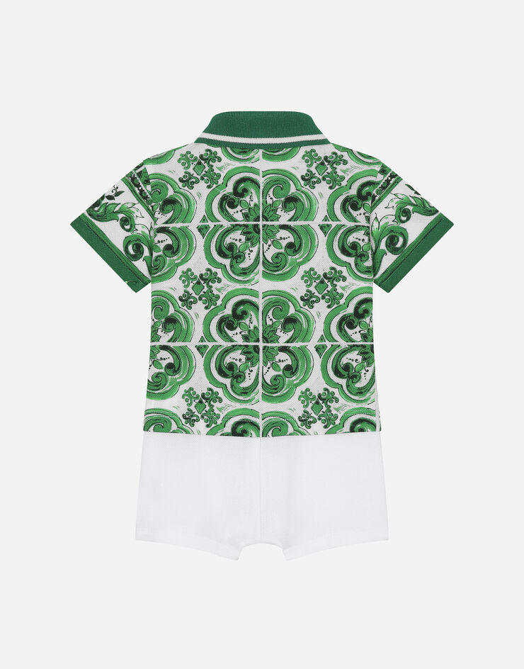 Dolce & Gabbana Barboteuse en piqué avec imprimé majoliques vertes et logo DG Imprimé L1JO7AG7NVD
