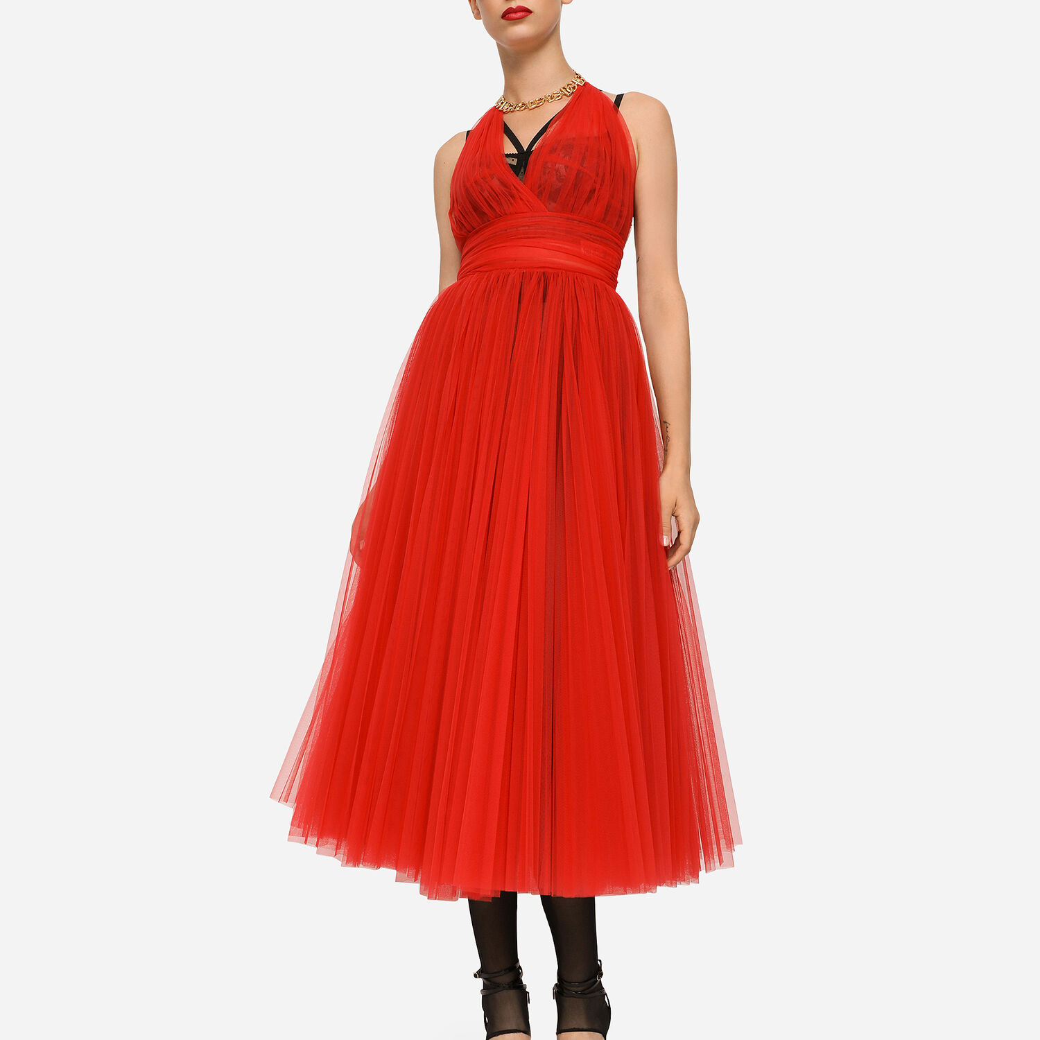 Dolce & Gabbana Tulle calf-length dress with sunray pleats female Red