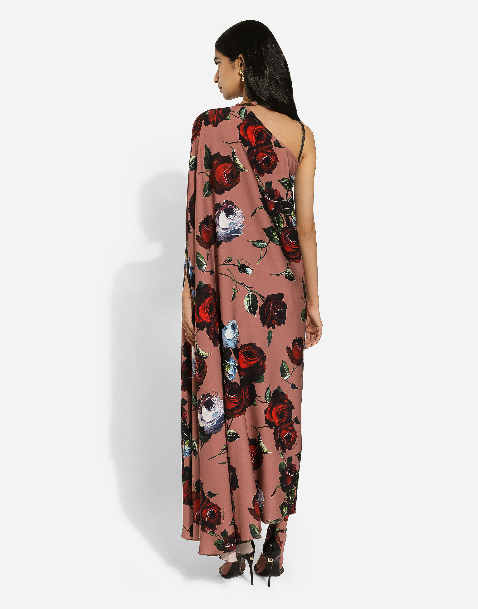 Asymmetrical charmeuse dress with vintage rose print