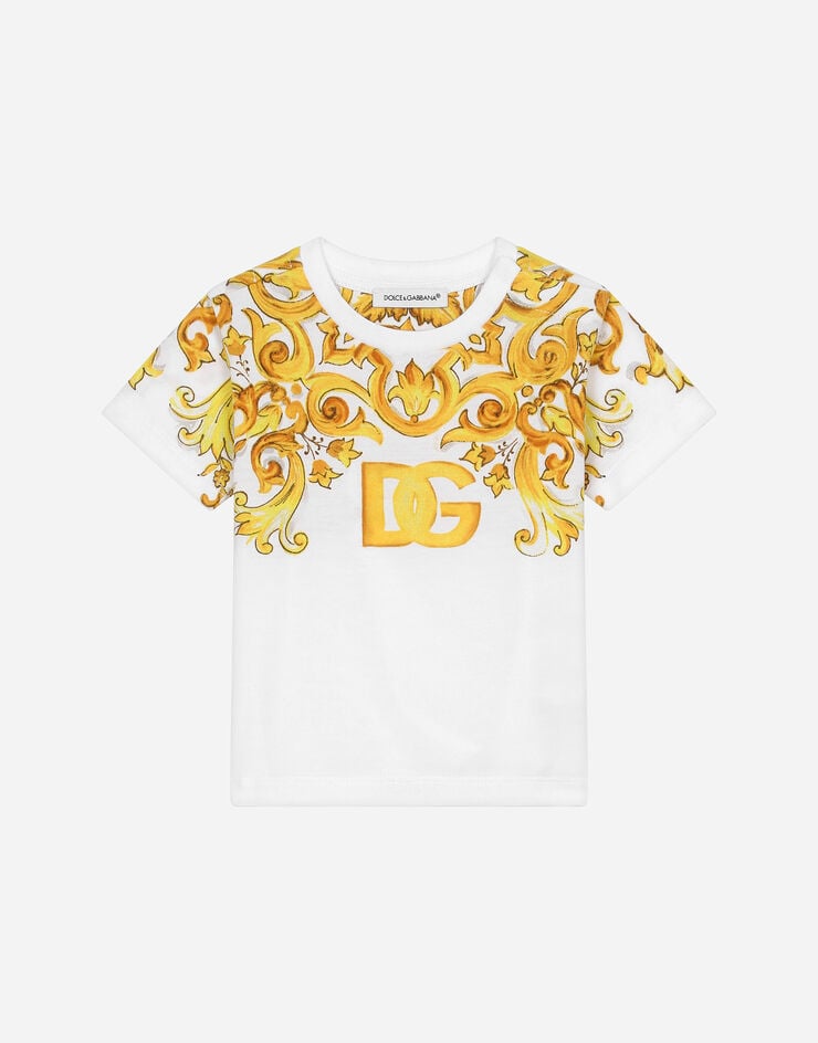 Dolce & Gabbana イエローマヨリカプリント&DGロゴ ジャージー Tシャツ  プリ L2JTKTII7DS