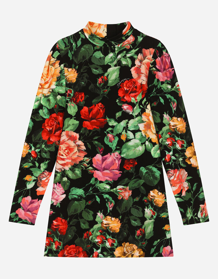 Dolce & Gabbana Interlock dress with rose print over a black background Print L5JD7LFSG9A