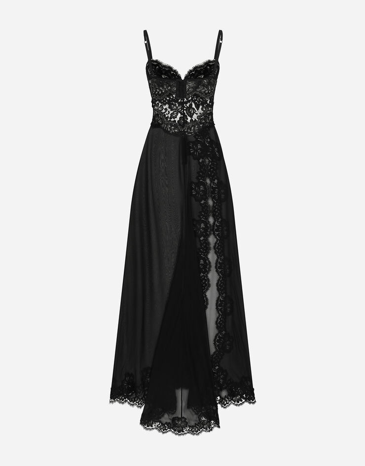 Dolce & Gabbana Langes Slip Dress aus Seidenchiffon und Chantilly-Spitze Schwarz F6JMETFU1AT