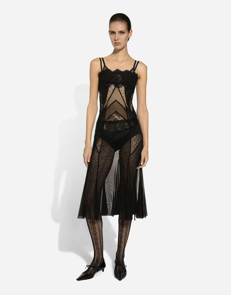 Dolce & Gabbana Tulle, mesh and lace calf-length slip dress Black F6JBVTGDCER