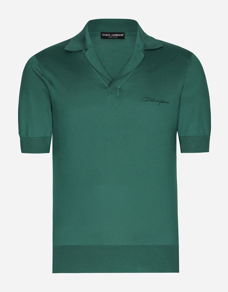 Dolce & Gabbana Silk polo-shirt with Dolce&Gabbana embroidery Green GXZ09ZJBSJS