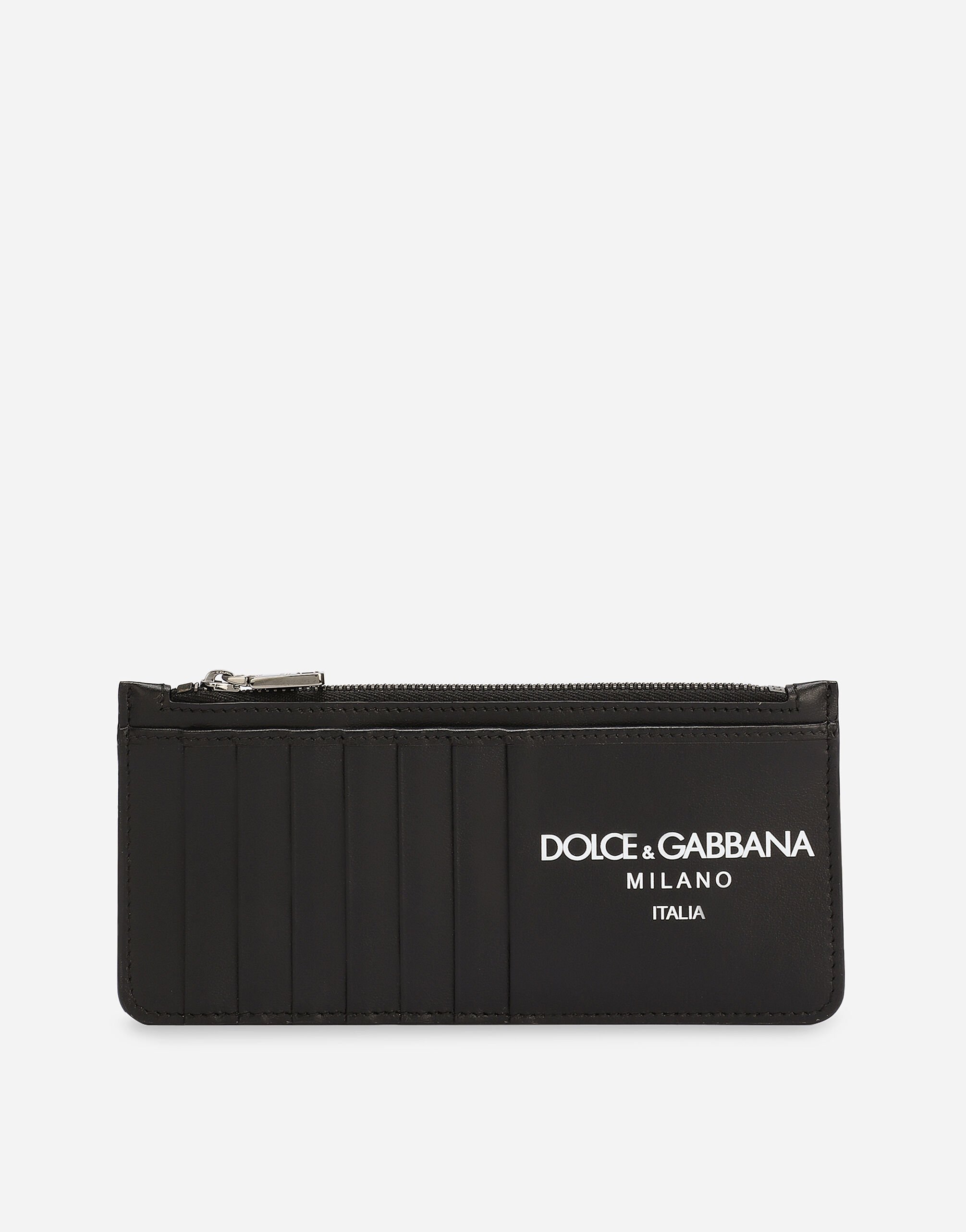 Dolce&Gabbana حافظة بطاقات عمودية من جلد عجل بشعار أبيض F8N08TFU7EQ