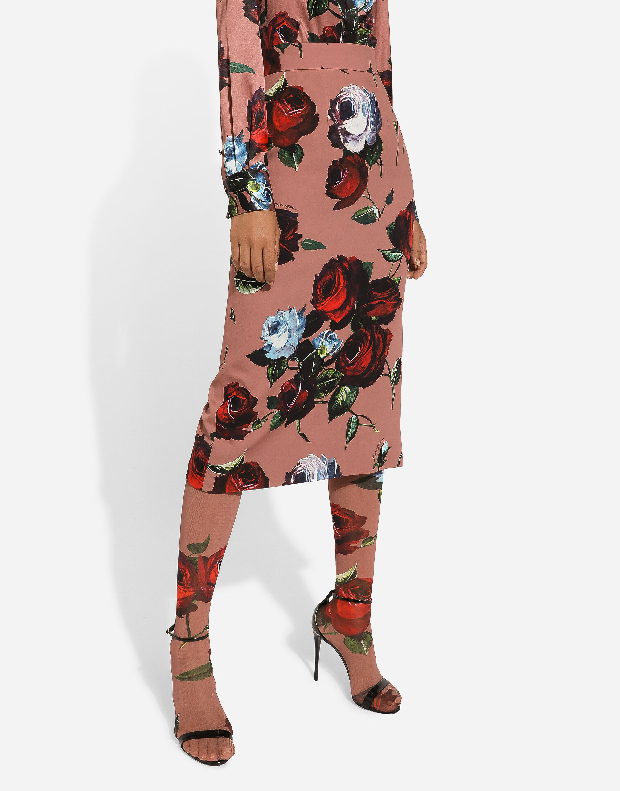 Charmeuse calf-length skirt with vintage rose print in Print for 