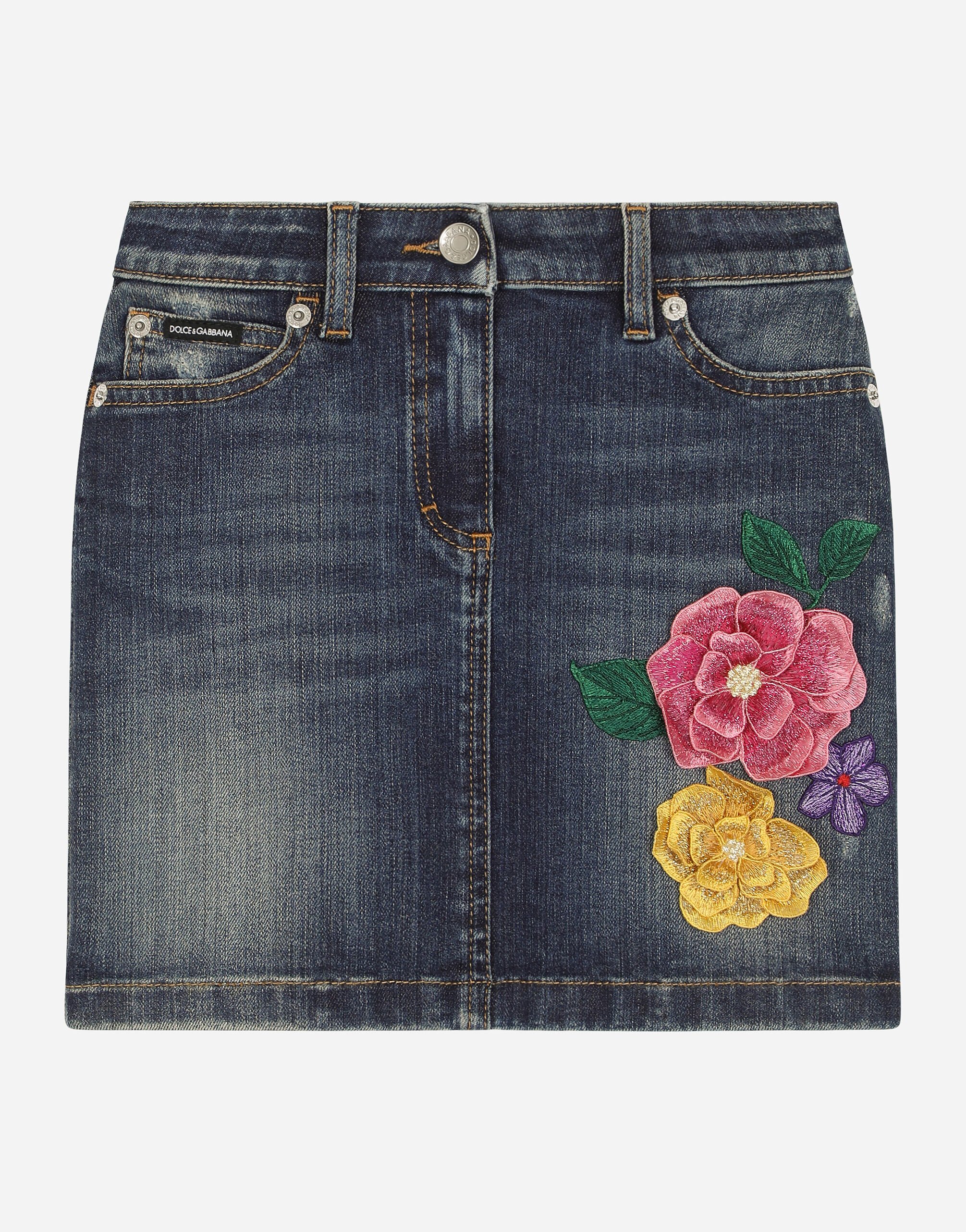 ${brand} 5-pocket denim skirt with 3D flowers and branded tag ${colorDescription} ${masterID}
