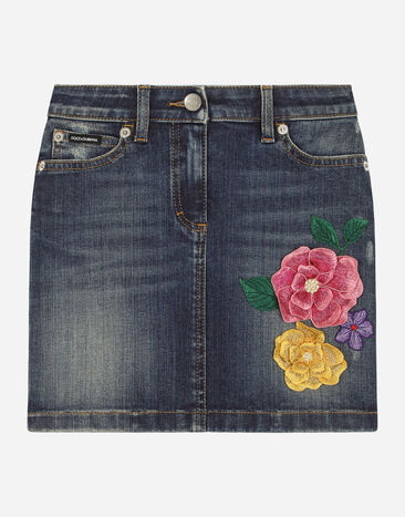 ${brand} 5-Pocket-Jeansrock mit dreidimensionalen Blumen und Logoplakette ${colorDescription} ${masterID}