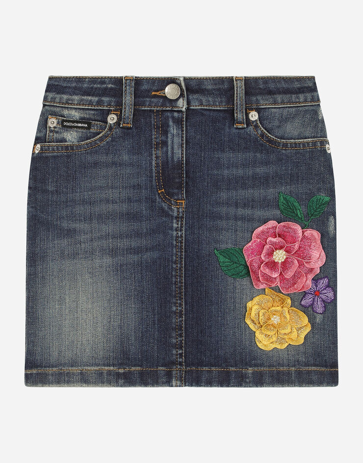 Dolce & Gabbana 5-Pocket-Jeansrock mit dreidimensionalen Blumen und Logoplakette Blau L53I42LDC82