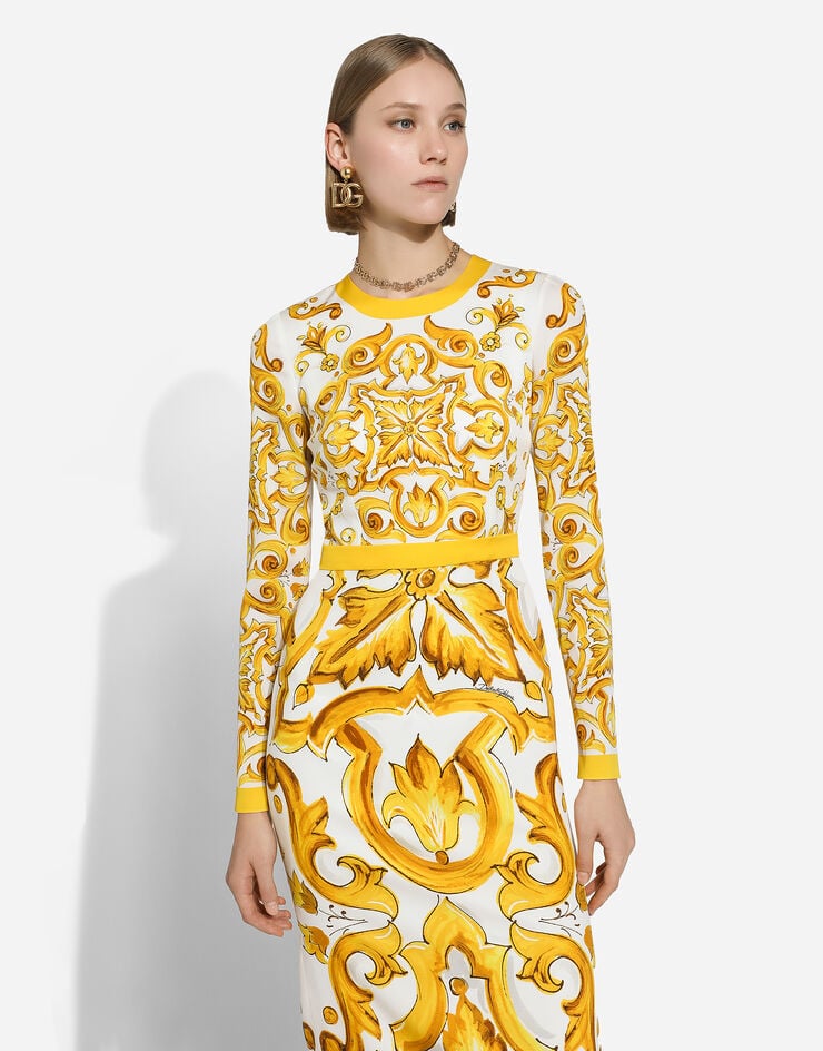 Dolce & Gabbana Charmeuse calf-length sheath dress with majolica print Print F6ZJ7THPABK