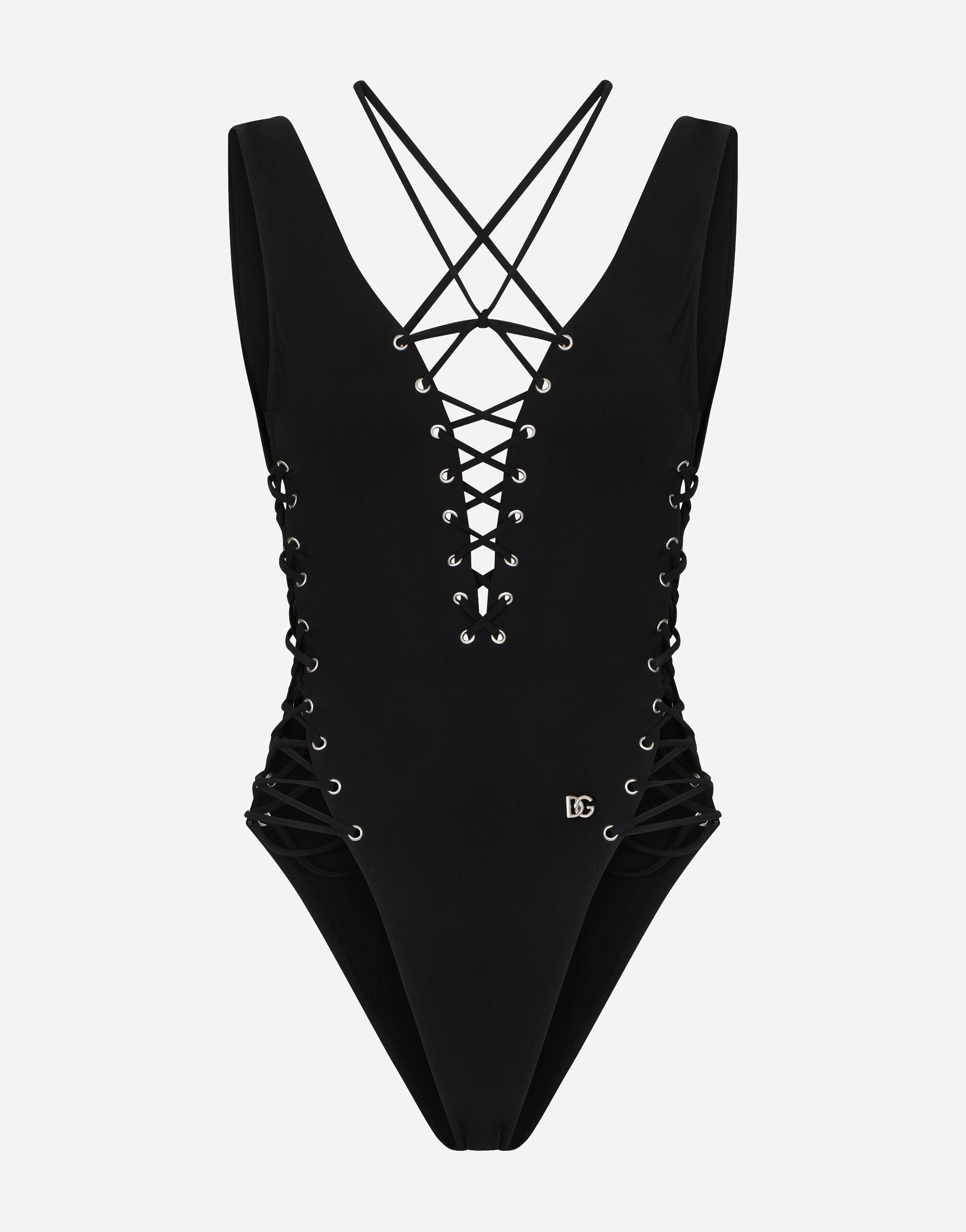 Dolce & Gabbana One-piece swimsuit with plunging neckline and lacing and eyelets Black F26R2TOUADW