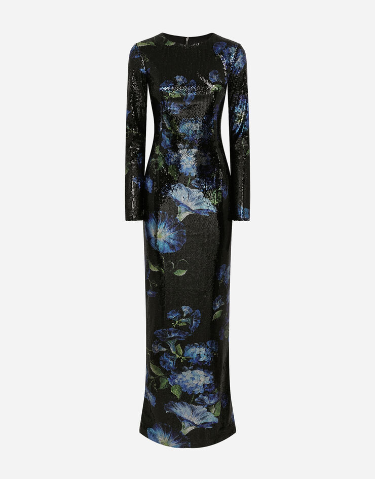 Dolce & Gabbana Langes Kleid aus Pailletten Glockenblumen-Print Print F6HAGTFSSKH