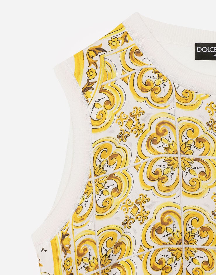 Dolce & Gabbana Camiseta sin mangas de seda con panel frontal en sarga de seda con estampado Maiolica Imprima FXT06TJBSJE