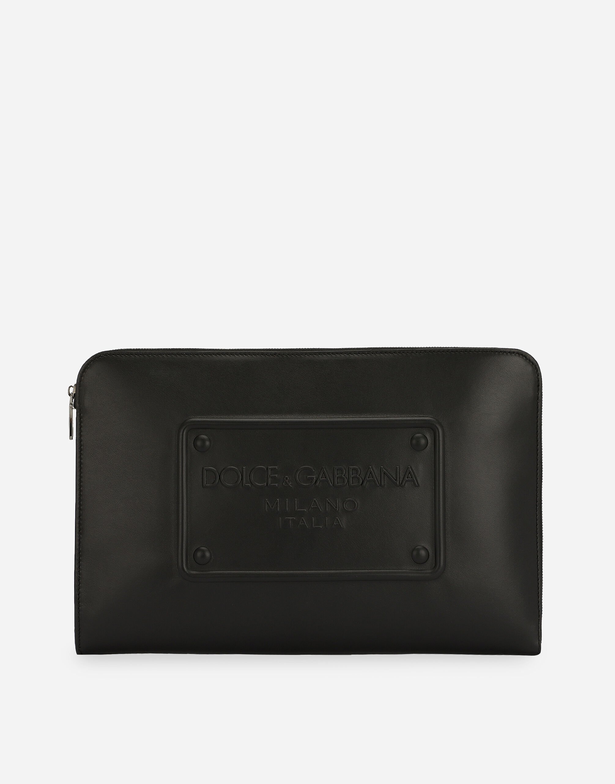 Large calfskin pouch with raised logo