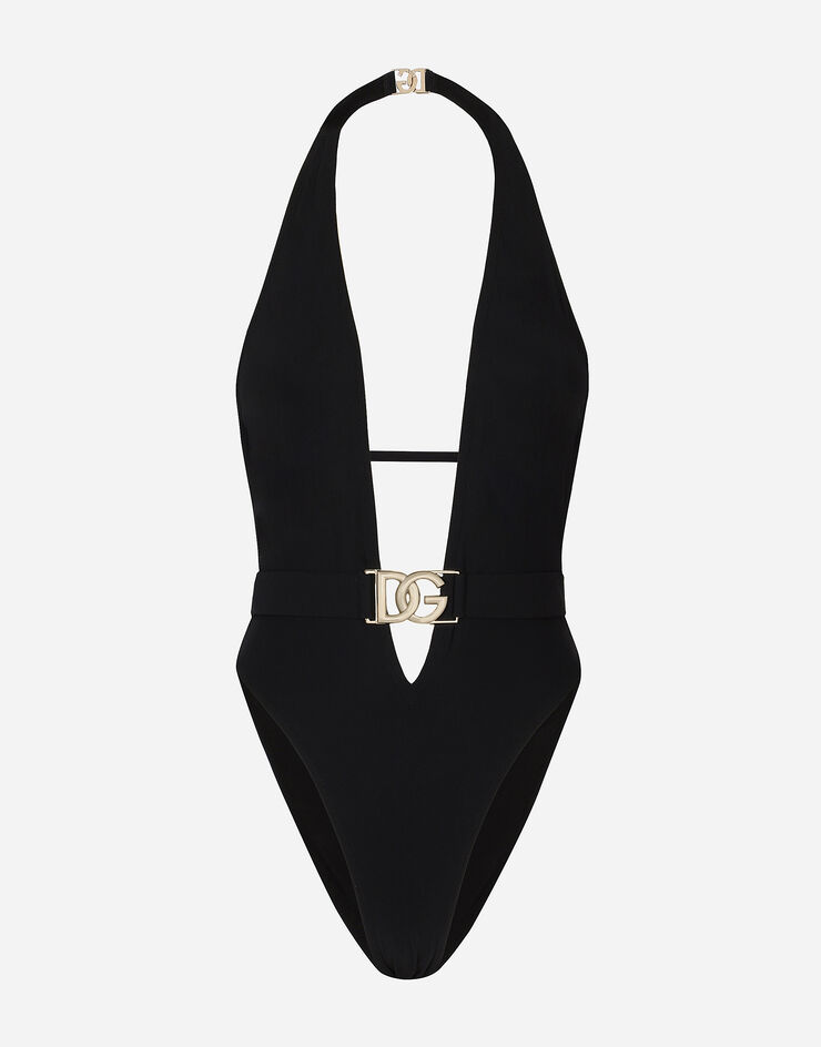 Dolce & Gabbana One-piece swimsuit with plunging neck and belt  Nero O9B74JONO12