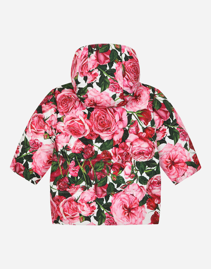 Dolce & Gabbana Short nylon down jacket with rose print over a white background Print L2JBQ6ISMID