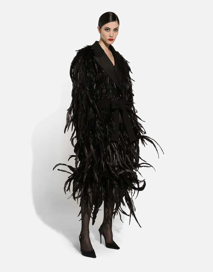 Dolce & Gabbana Wool gabardine coat with all-over rooster feather embellishment Black F0W2GZGDCRQ