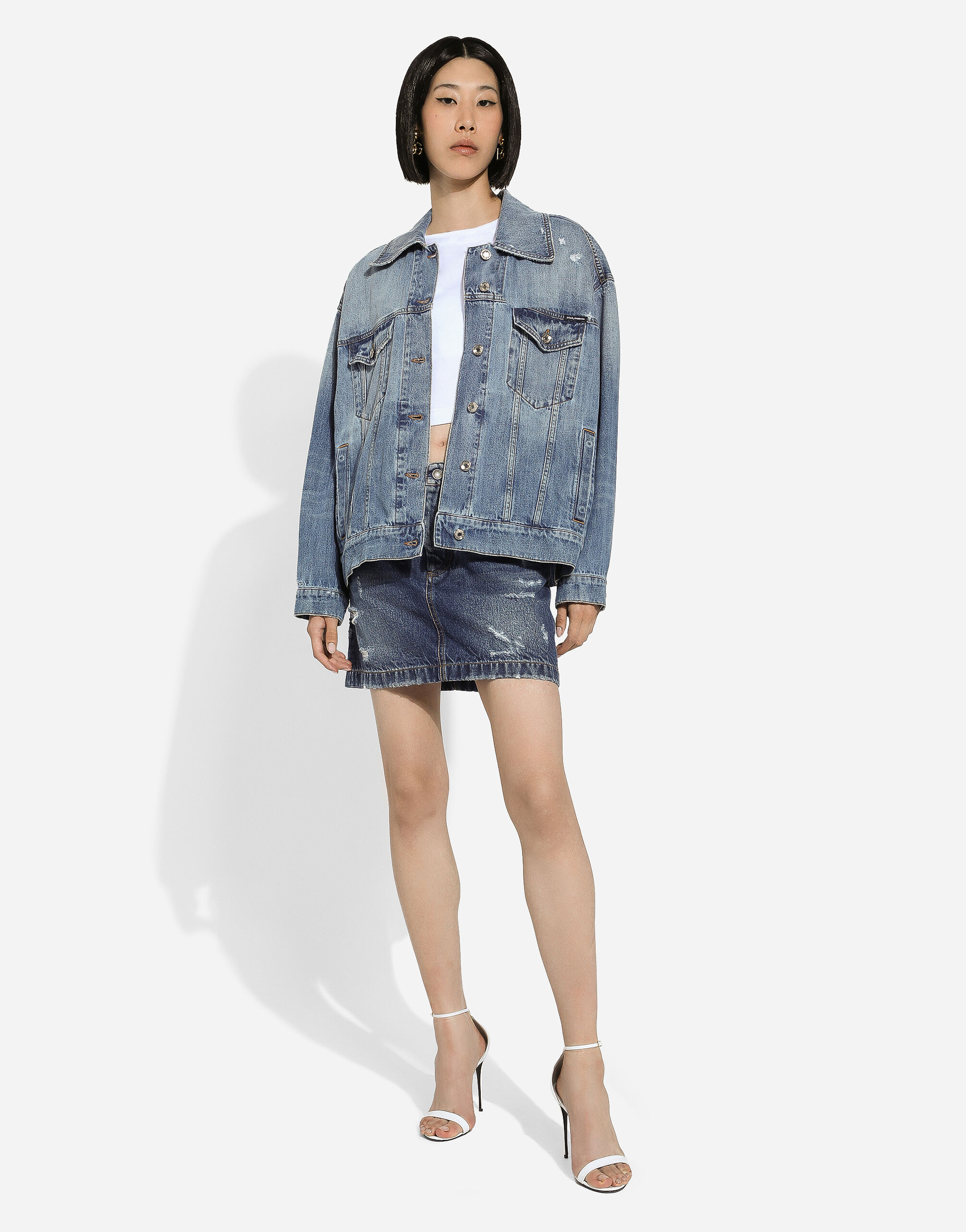 Denim jacket with branded plate in Blue for for Women | Dolce&Gabbana®