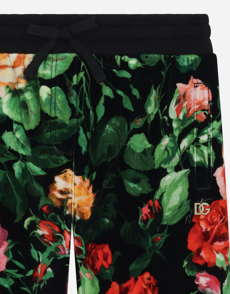 Dolce & Gabbana Jogginghose aus Chenille mit Rosenprint auf schwarzem Grund Drucken L5JPD7HS7O9