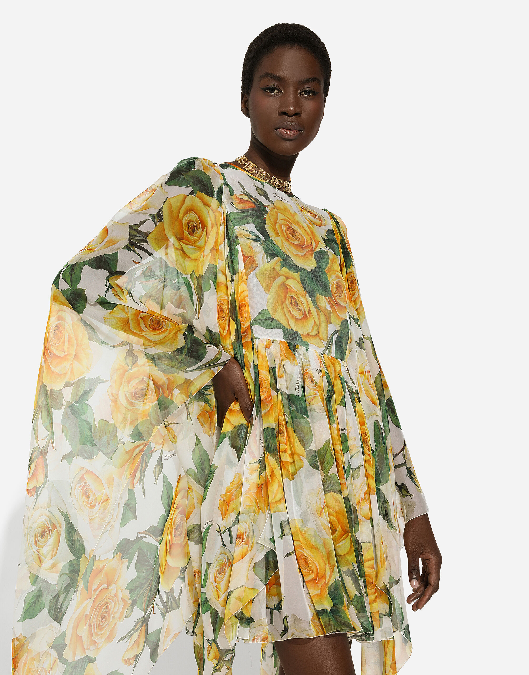 Short silk chiffon dress with yellow rose print