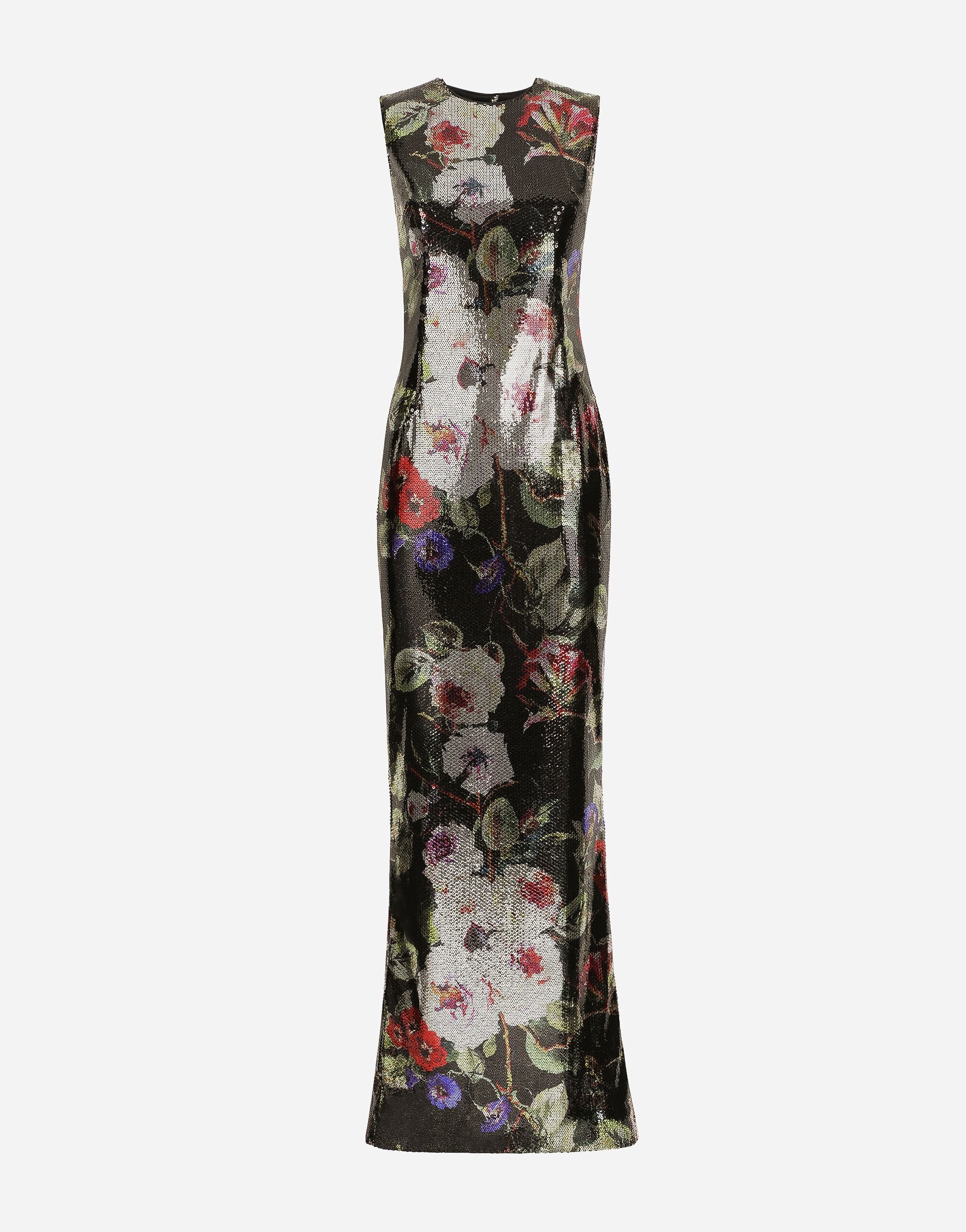 ${brand} Long sequined dress with rose garden print ${colorDescription} ${masterID}