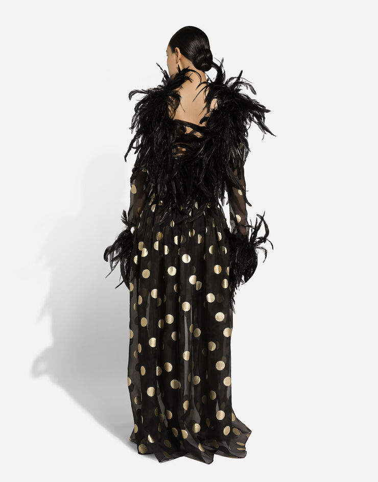 Dolce & Gabbana Long polka-dot silk organza dress with feathered details Print F6JRMTHS100