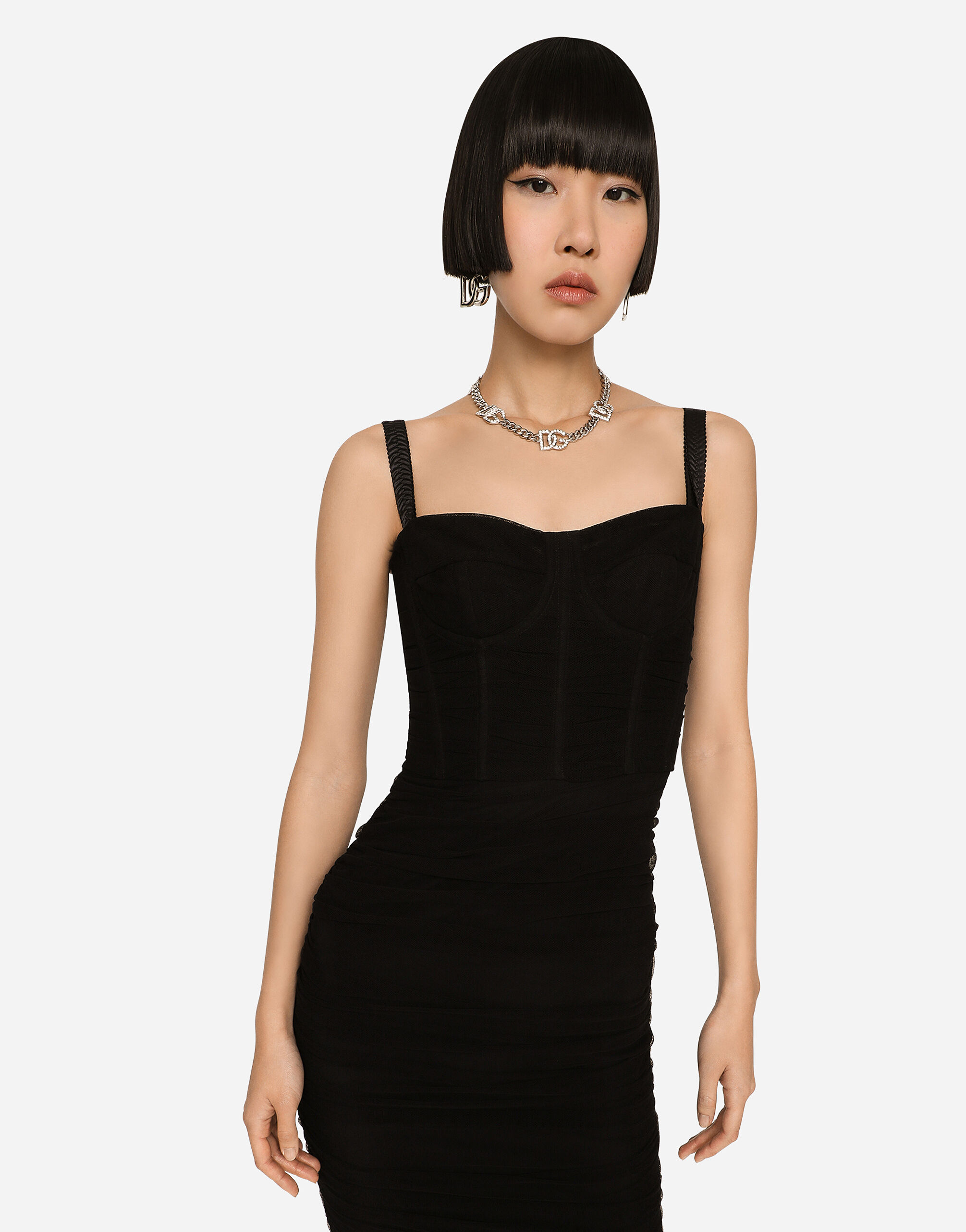 Tulle midi dress with draping and corset in Black for Women 